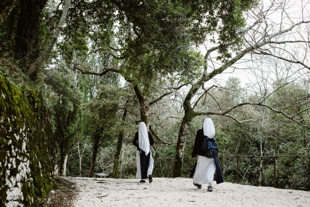 Monjas caminando por el bosque